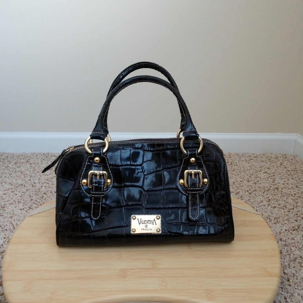 Valentina Croc embossed Black Leather Bag